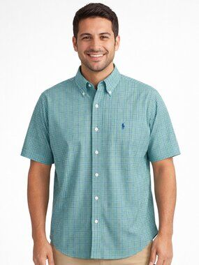 Ralph Lauren Blake Plaid Shirt M Green Blue Preppy Short Sleeve Polo Logo Y2K